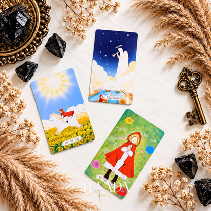 The Sun, Judgement, and World cards from The Verdant Hollow Tarot