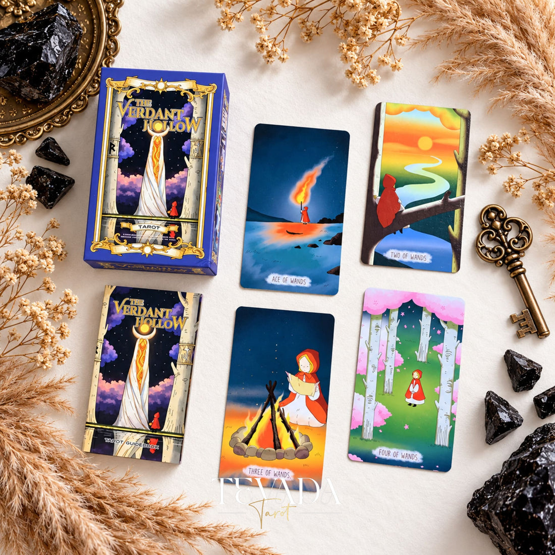 The Verdant Hollow Tarot box, guidebook, and Wands cards in a woodland-themed product display