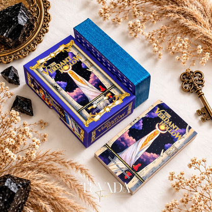 The Verdant Hollow Tarot deck with blue glitter edges, rigid box, and English guidebook