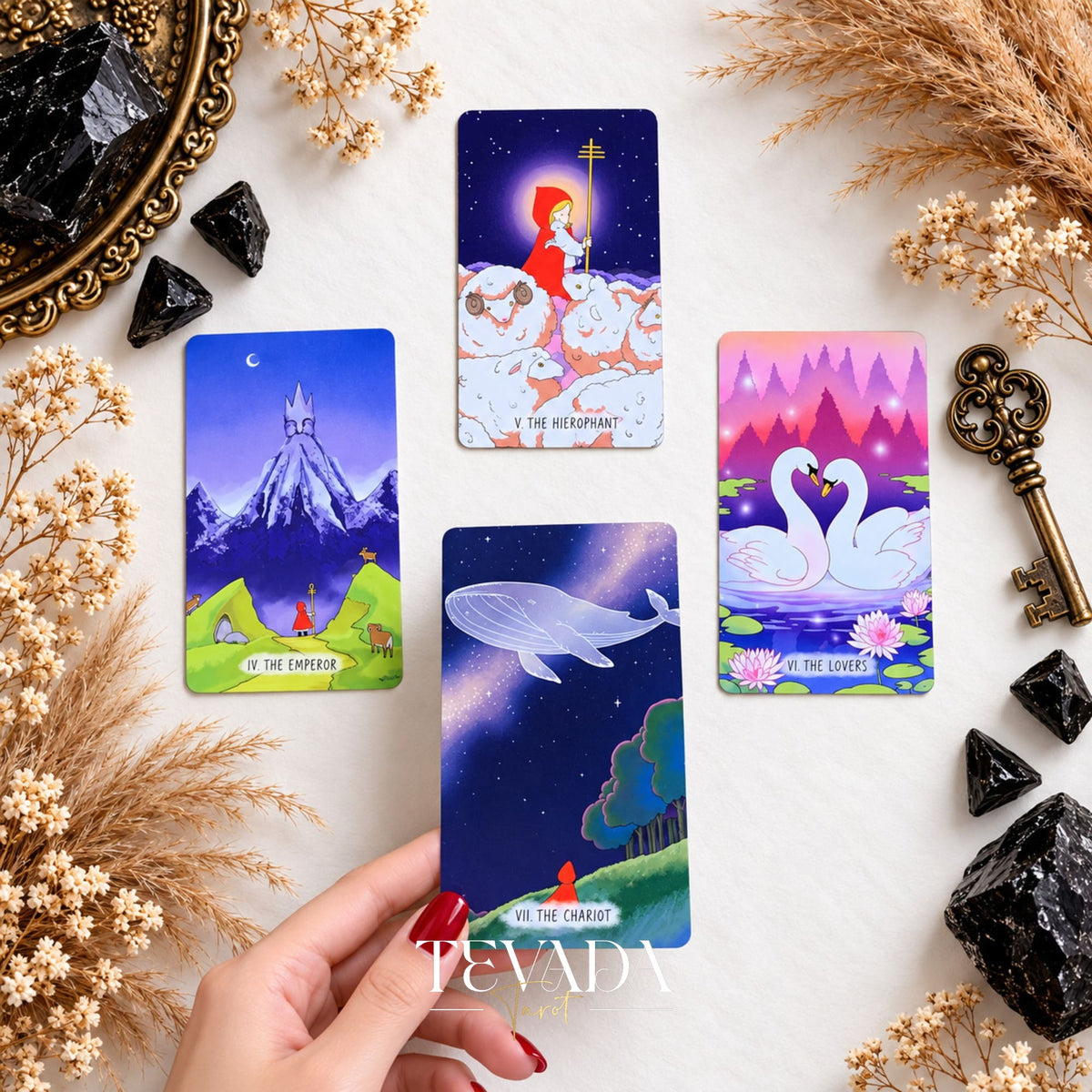 The Emperor, Hierophant, Lovers, and Chariot cards from The Verdant Hollow Tarot