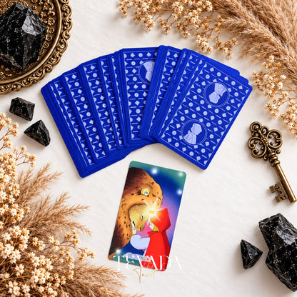 Blue card backs and Strength card from The Verdant Hollow Tarot