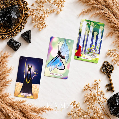 Justice, Hanged Man, and Death cards from The Verdant Hollow Tarot