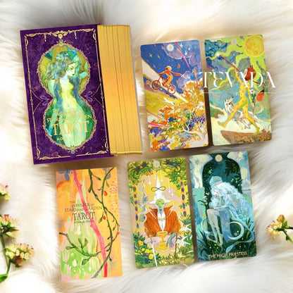 Descubra The Whisper of Stars y Garden Tarot SELF Edition, una baraja de 78 cartas de arte místico e introspección profunda. Abrace el autodescubrimiento a través de ricos tonos púrpuras y susurros dorados de sabiduría.