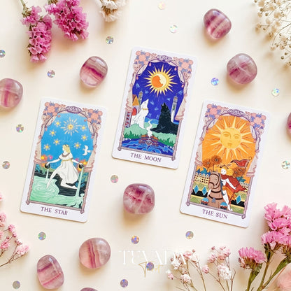 Transformation Tarot hand-drawn vintage butterfly deck with pink sparkle edges for rebirth and self-reflection
