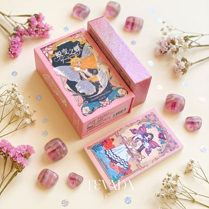 Transformation Tarot hand-drawn vintage butterfly deck with pink sparkle edges for rebirth and self-reflection