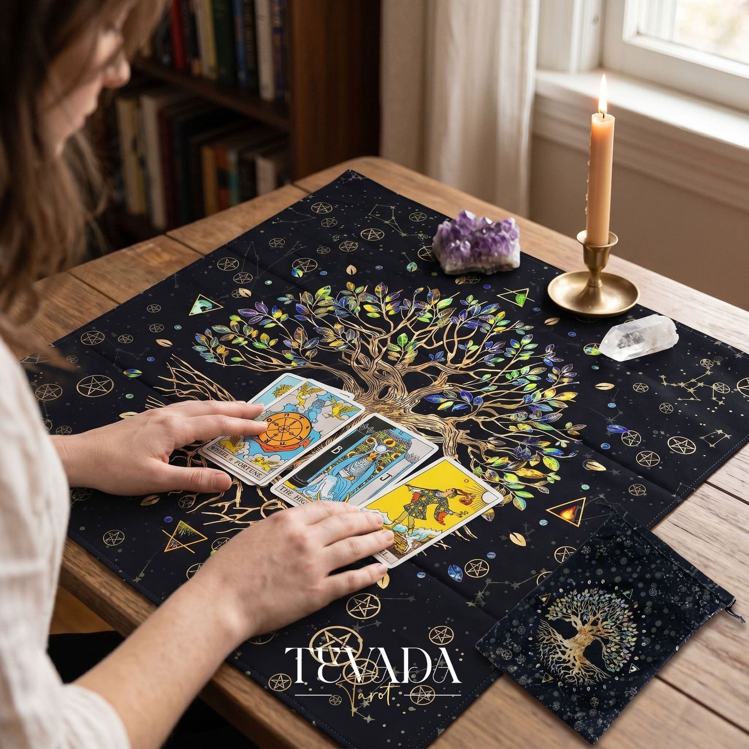 Tree of Life Altar Cloth and Tarot Pouch in dark crushed velvet for sacred space decor and psychic energy protection.