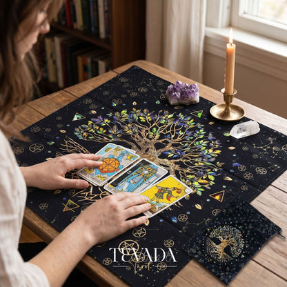 Tree of Life Altar Cloth and Tarot Pouch in dark crushed velvet for sacred space decor and psychic energy protection.