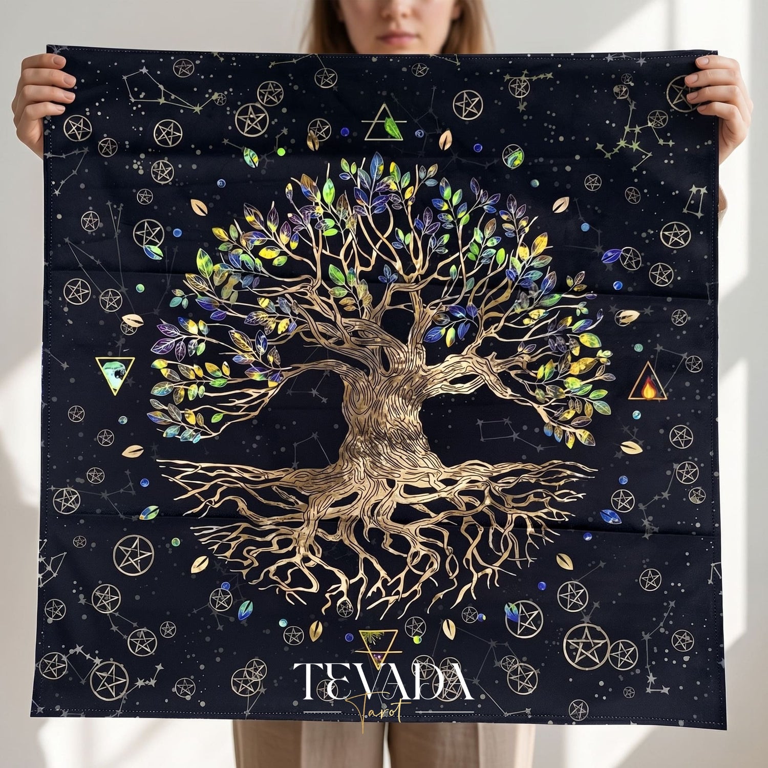 Tree of Life Altar Cloth and Tarot Pouch in dark crushed velvet for sacred space decor and psychic energy protection.