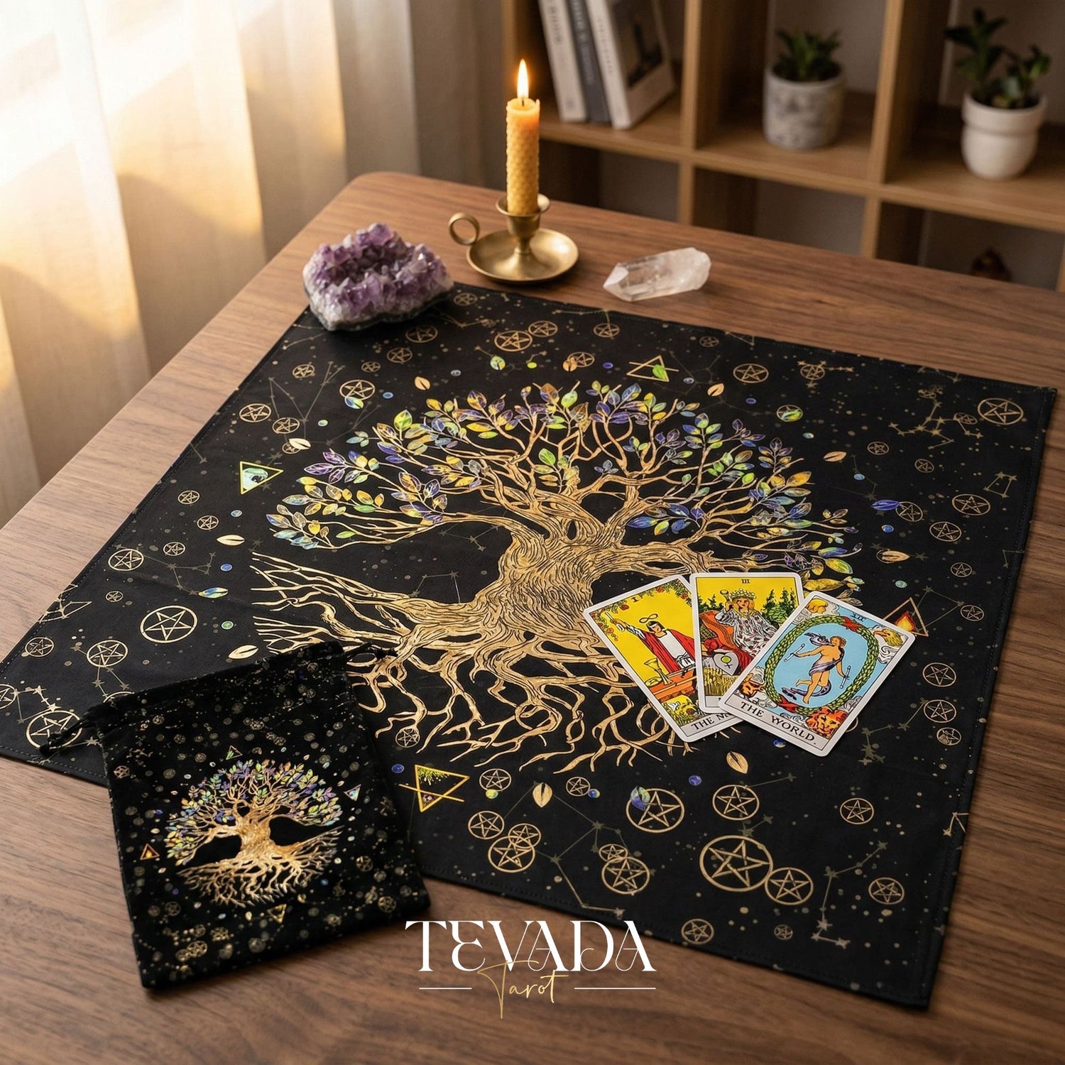 Tree of Life Altar Cloth and Tarot Pouch in dark crushed velvet for sacred space decor and psychic energy protection.