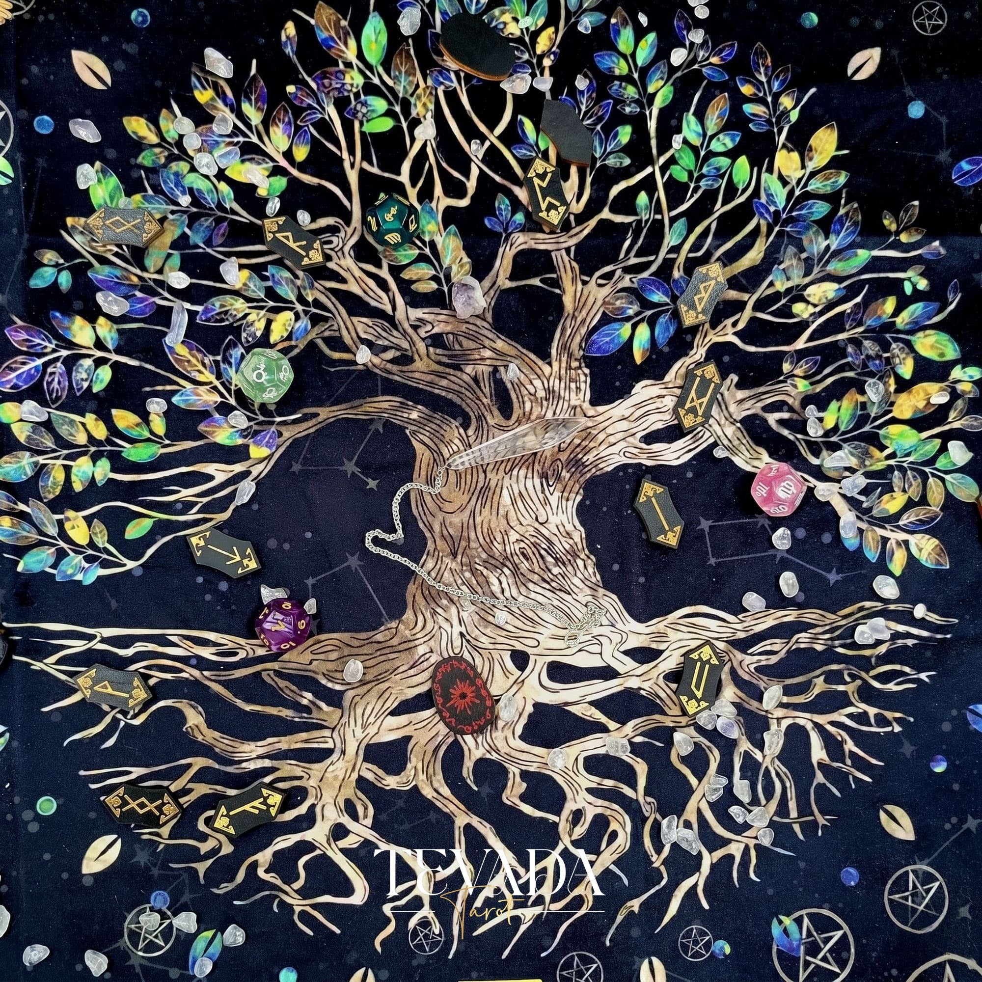 Tree of Life Altar Cloth and Tarot Pouch in dark crushed velvet for sacred space decor and psychic energy protection.