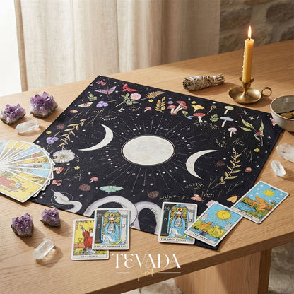 Tissu d’autel triple lune et pochette de tarot en velours écrasé foncé pour la décoration de l’espace sacré et la protection des cartes de tarot.