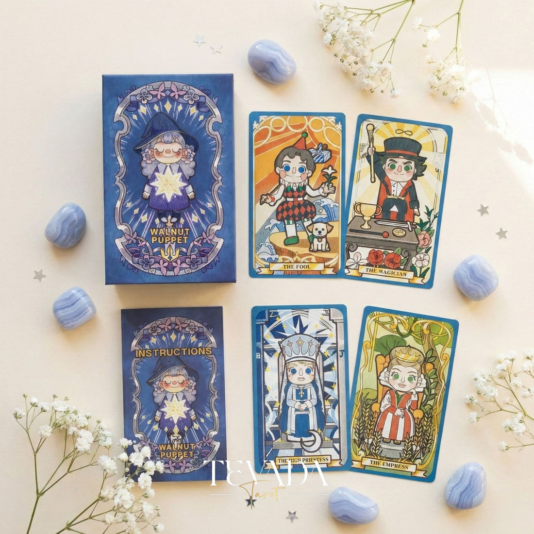 Walnut Puppet Tarot Gilded Edt. whimsical wooden character Indie Tarot Cards for beginner divination and daily joy.