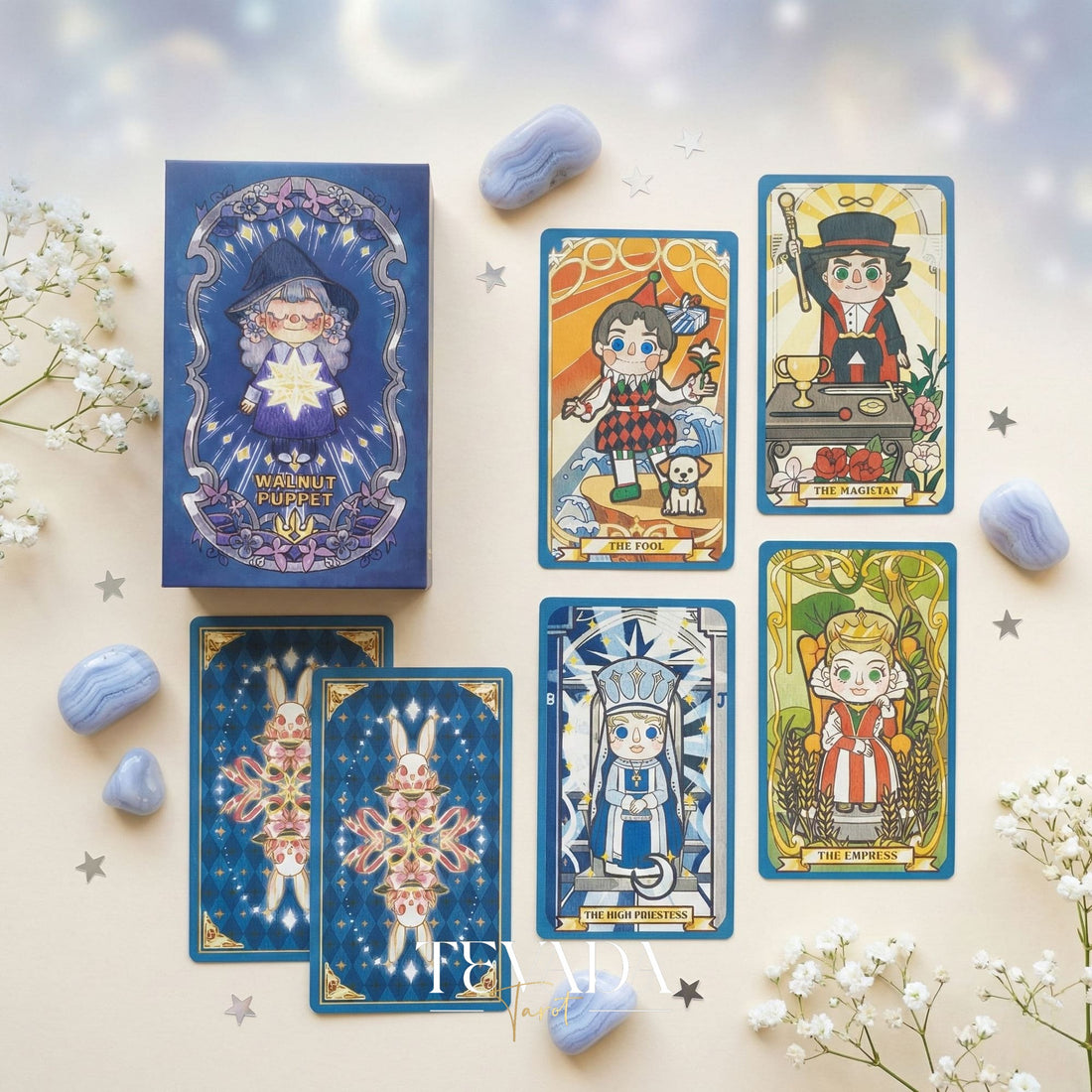 Walnut Puppet Tarot Gilded Edt. whimsical wooden character Indie Tarot Cards for beginner divination and daily joy.