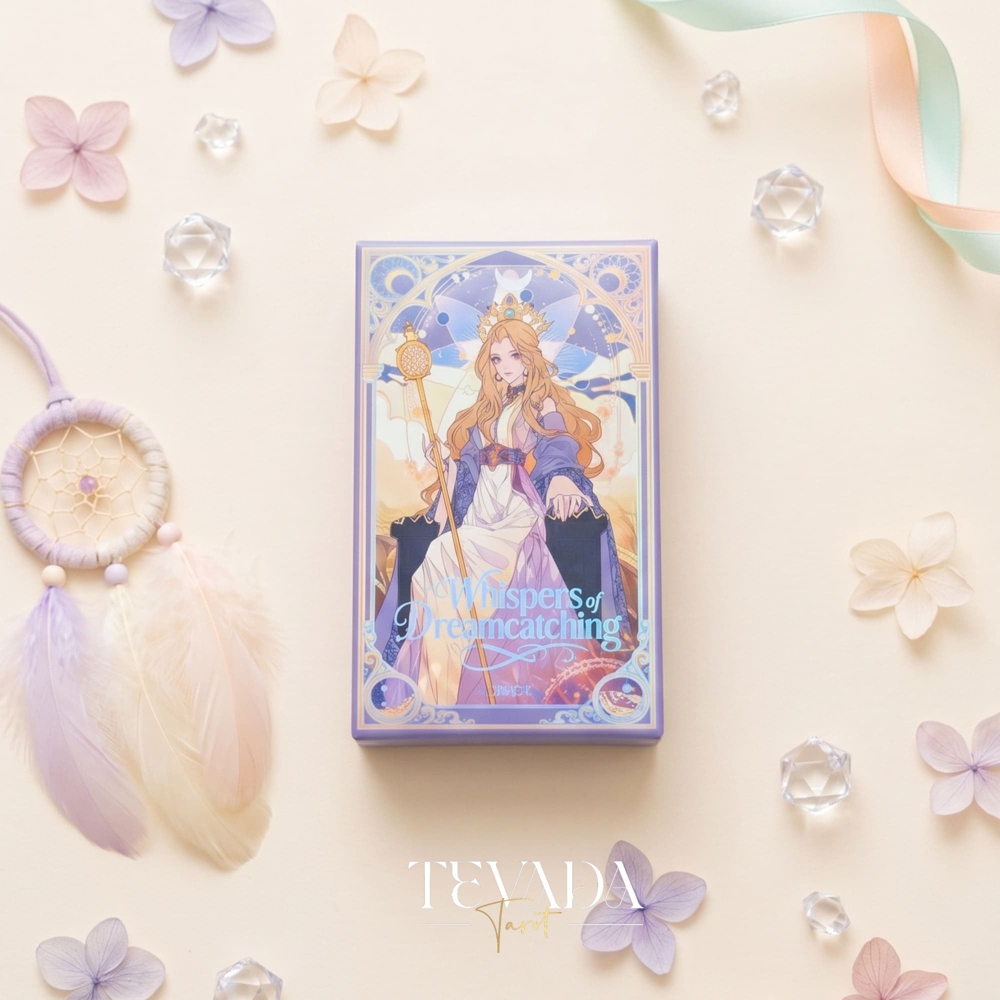 Whispers of Dream Catching Tarot Deck ULTRA Edt ACG fantasy indie tarot deck with metallic purple edges for inner healing.