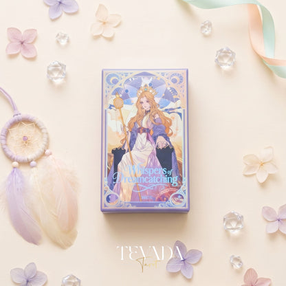 Whispers of Dream Catching Tarot Deck ULTRA Edt ACG fantasy indie tarot deck with metallic purple edges for inner healing.