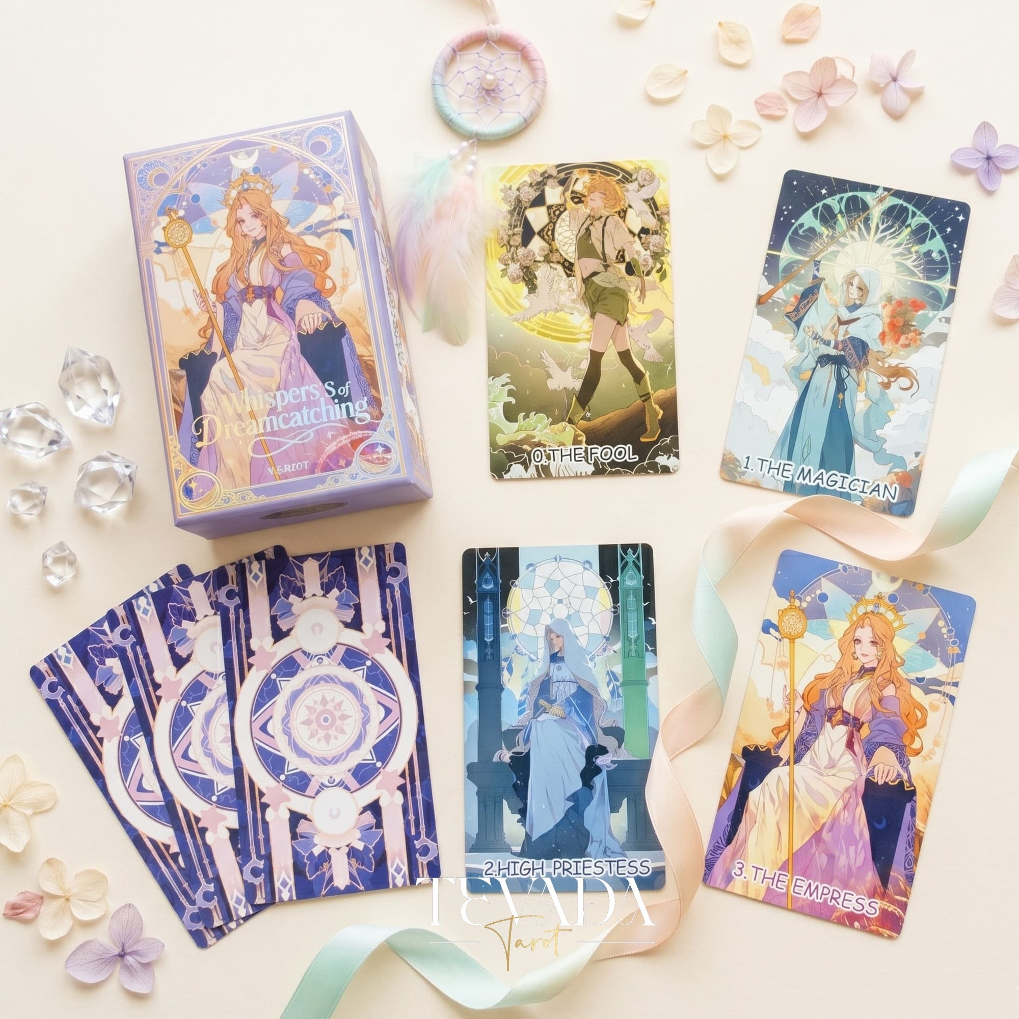 Whispers of Dream Catching Tarot Deck ULTRA Edt ACG fantasy indie tarot deck with metallic purple edges for inner healing.