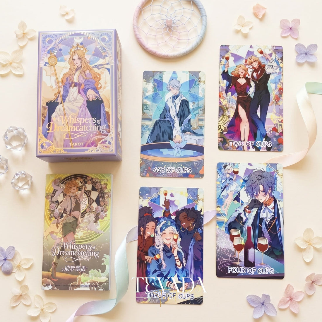 Whispers of Dream Catching Tarot Deck ULTRA Edt ACG fantasy indie tarot deck with metallic purple edges for inner healing.
