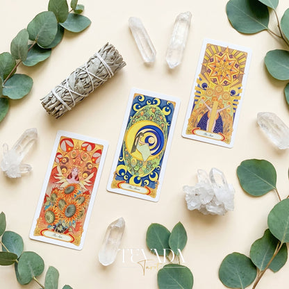 Whispers of Healing Tarot Deck Art Nouveau indie tarot deck with gold foil edges for gentle inner child healing.