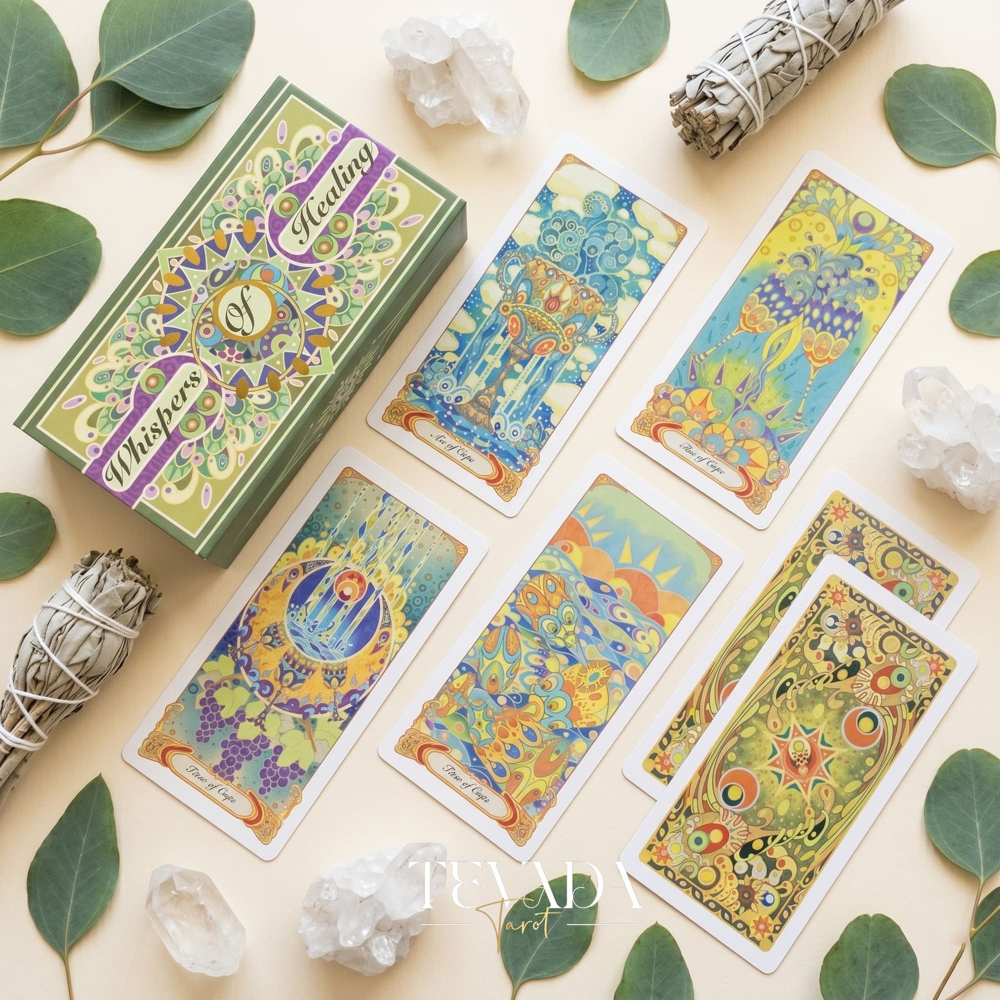 Whispers of Healing Tarot Deck Art Nouveau indie tarot deck with gold foil edges for gentle inner child healing.