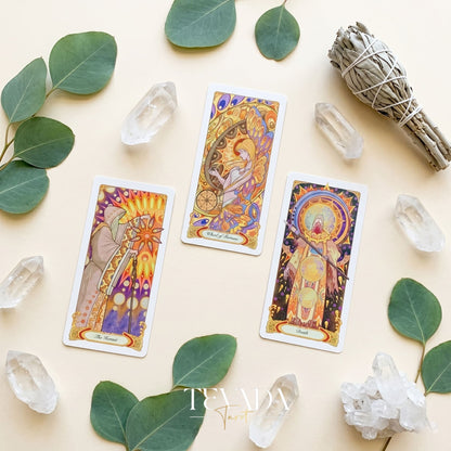 Whispers of Healing Tarot Deck Art Nouveau indie tarot deck with gold foil edges for gentle inner child healing.