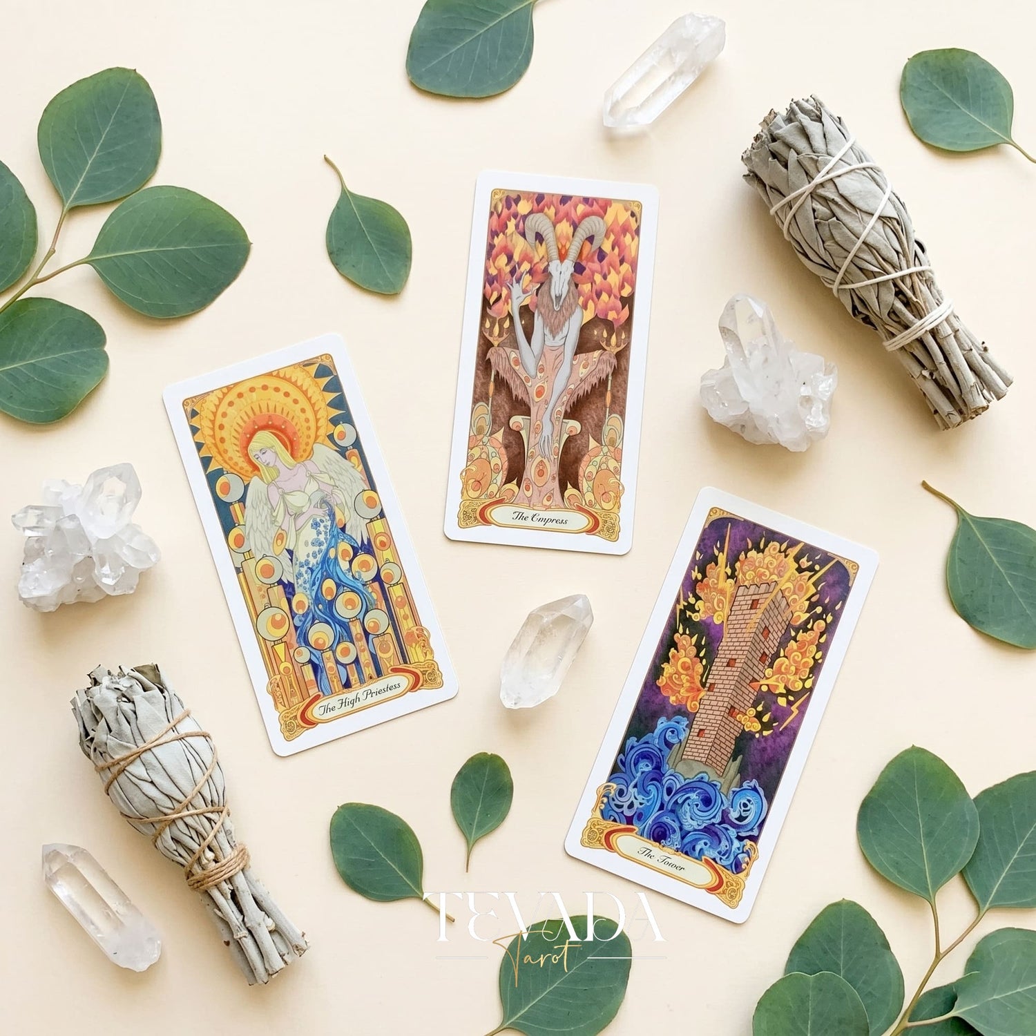 Whispers of Healing Tarot Deck Art Nouveau indie tarot deck with gold foil edges for gentle inner child healing.