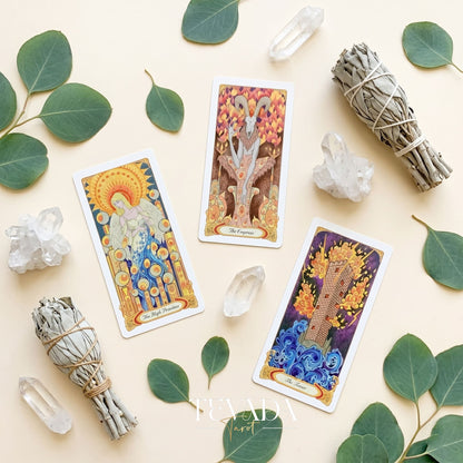 Whispers of Healing Tarot Deck Art Nouveau indie tarot deck with gold foil edges for gentle inner child healing.