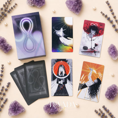 White x Black Tarot moody monochrome indie deck with black edges silver foil for shadow work and tarot reading.