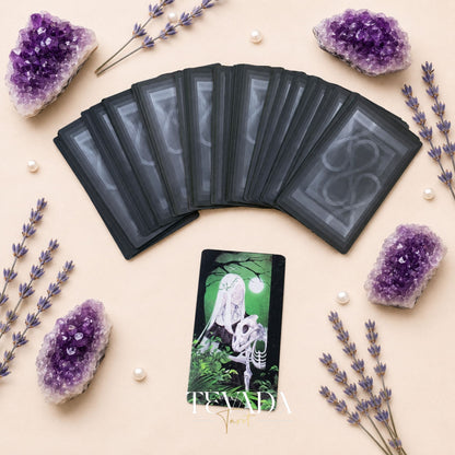 White x Black Tarot moody monochrome indie deck with black edges silver foil for shadow work and tarot reading.