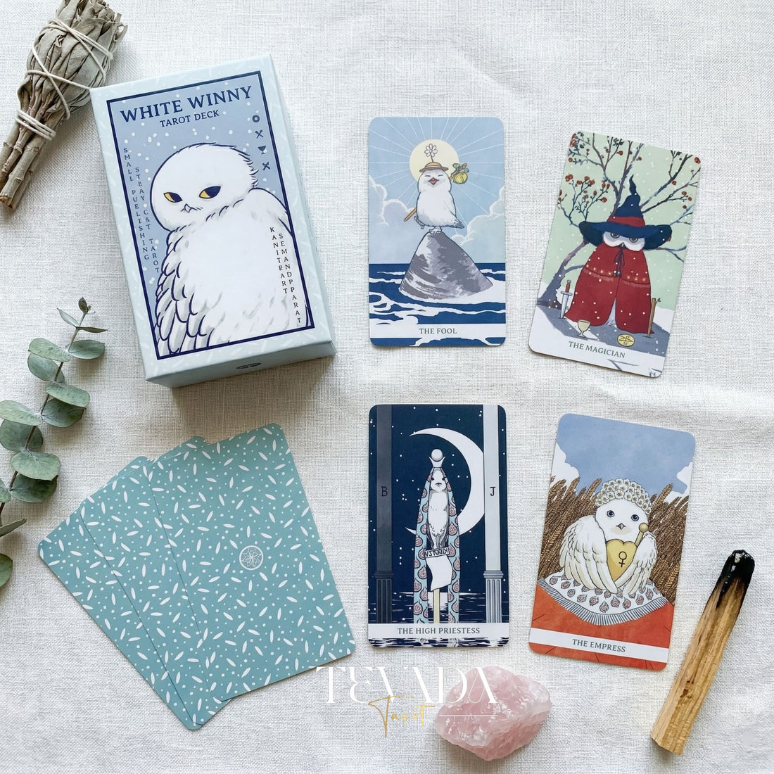 White Winny Tarot whimsical snow owl Indie Tarot Deck for gentle inner child healing and quiet self-reflection.