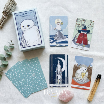 White Winny Tarot whimsical snow owl Indie Tarot Deck for gentle inner child healing and quiet self-reflection.