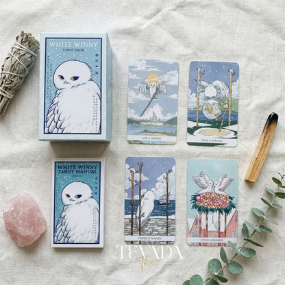 White Winny Tarot whimsical snow owl Indie Tarot Deck for gentle inner child healing and quiet self-reflection.