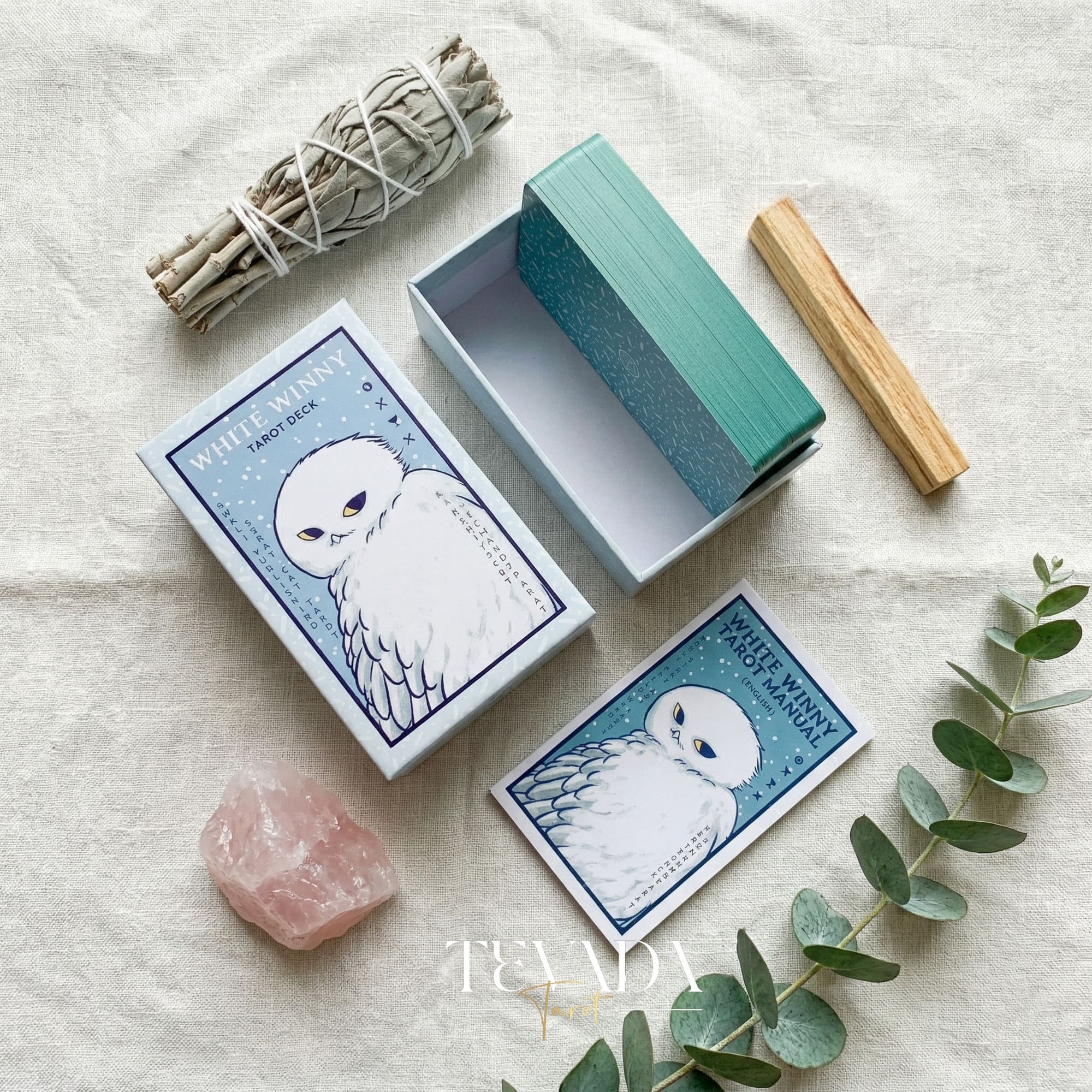 White Winny Tarot whimsical snow owl Indie Tarot Deck for gentle inner child healing and quiet self-reflection.