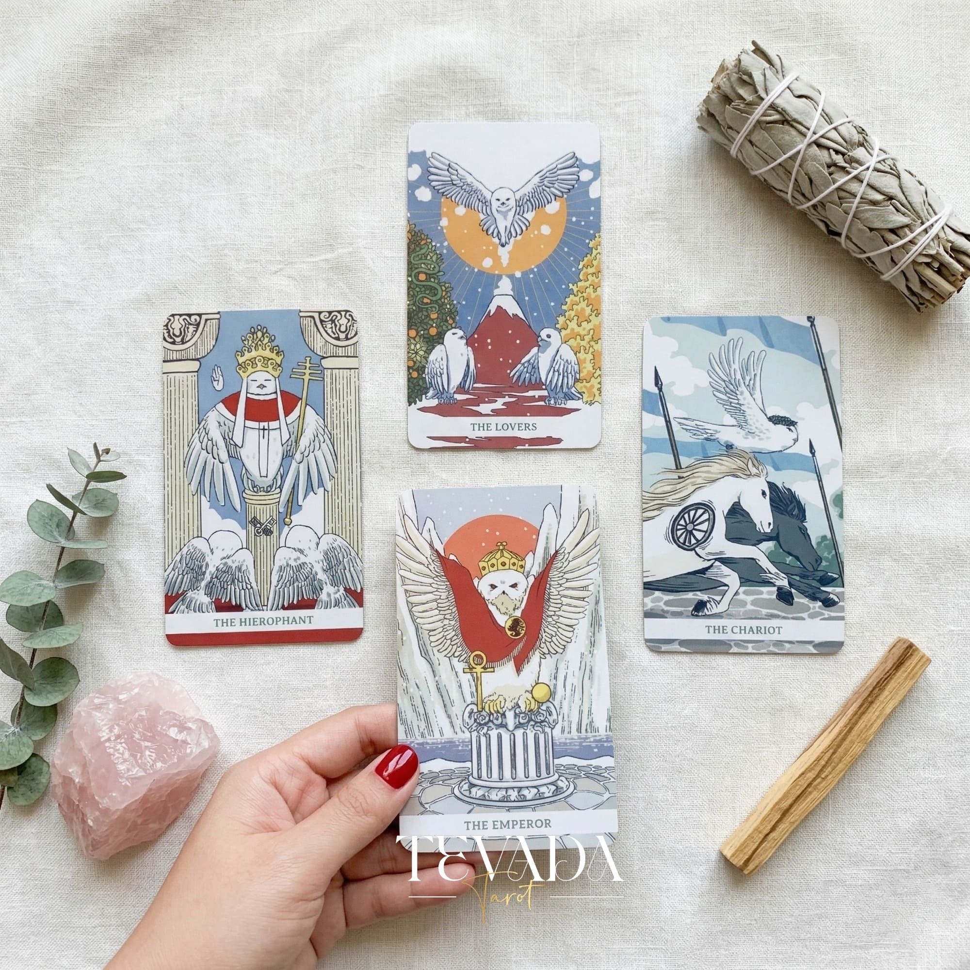 White Winny Tarot whimsical snow owl Indie Tarot Deck for gentle inner child healing and quiet self-reflection.