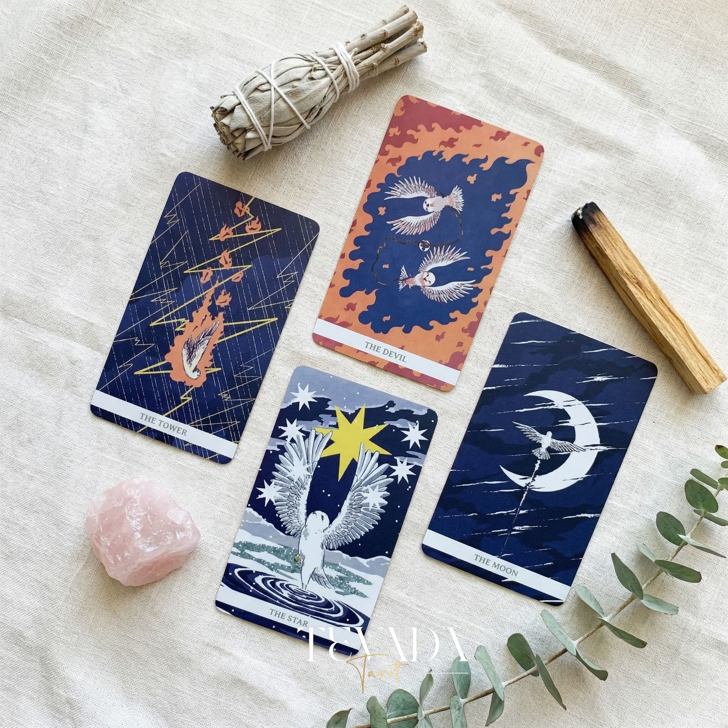 White Winny Tarot whimsical snow owl Indie Tarot Deck for gentle inner child healing and quiet self-reflection.