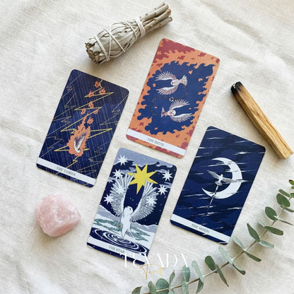 White Winny Tarot whimsical snow owl Indie Tarot Deck for gentle inner child healing and quiet self-reflection.