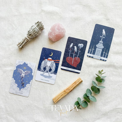 White Winny Tarot whimsical snow owl Indie Tarot Deck for gentle inner child healing and quiet self-reflection.