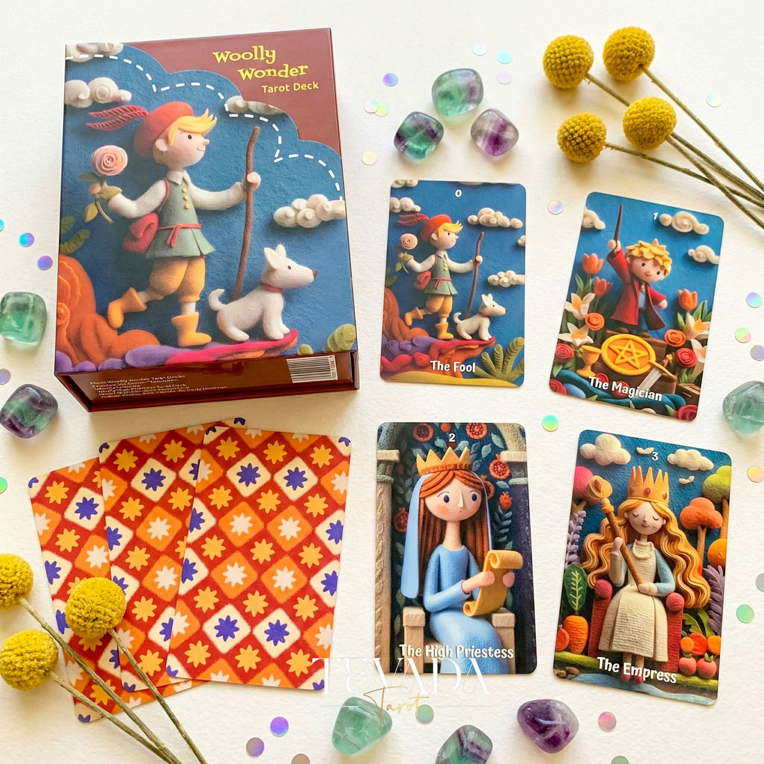 Woolly Wonder Tarot Deck featuring vibrant 3D wool-felt storybook art for inner child healing and playful divination.