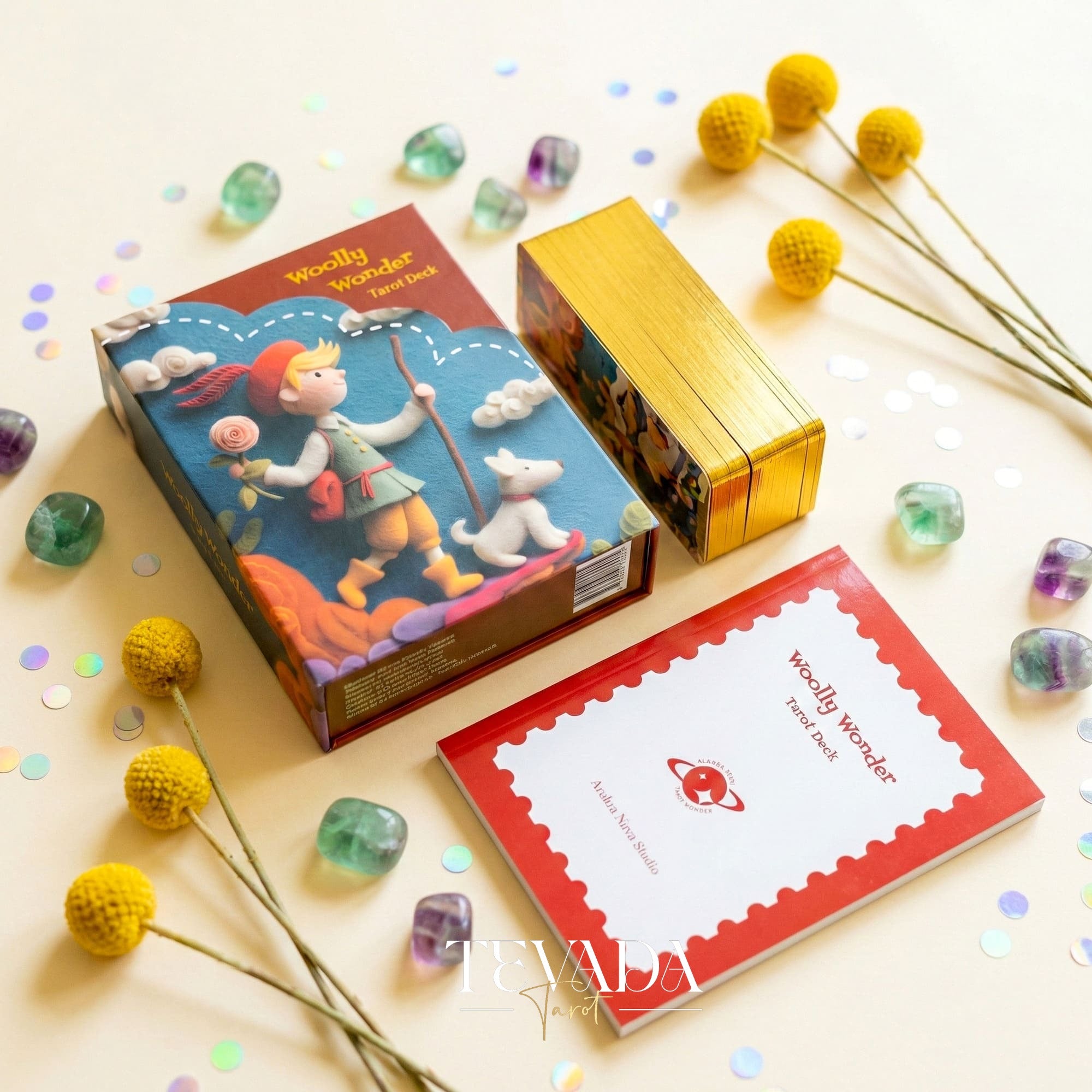 Woolly Wonder Tarot Deck featuring vibrant 3D wool-felt storybook art for inner child healing and playful divination.