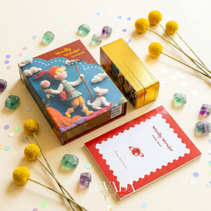 Woolly Wonder Tarot Deck featuring vibrant 3D wool-felt storybook art for inner child healing and playful divination.