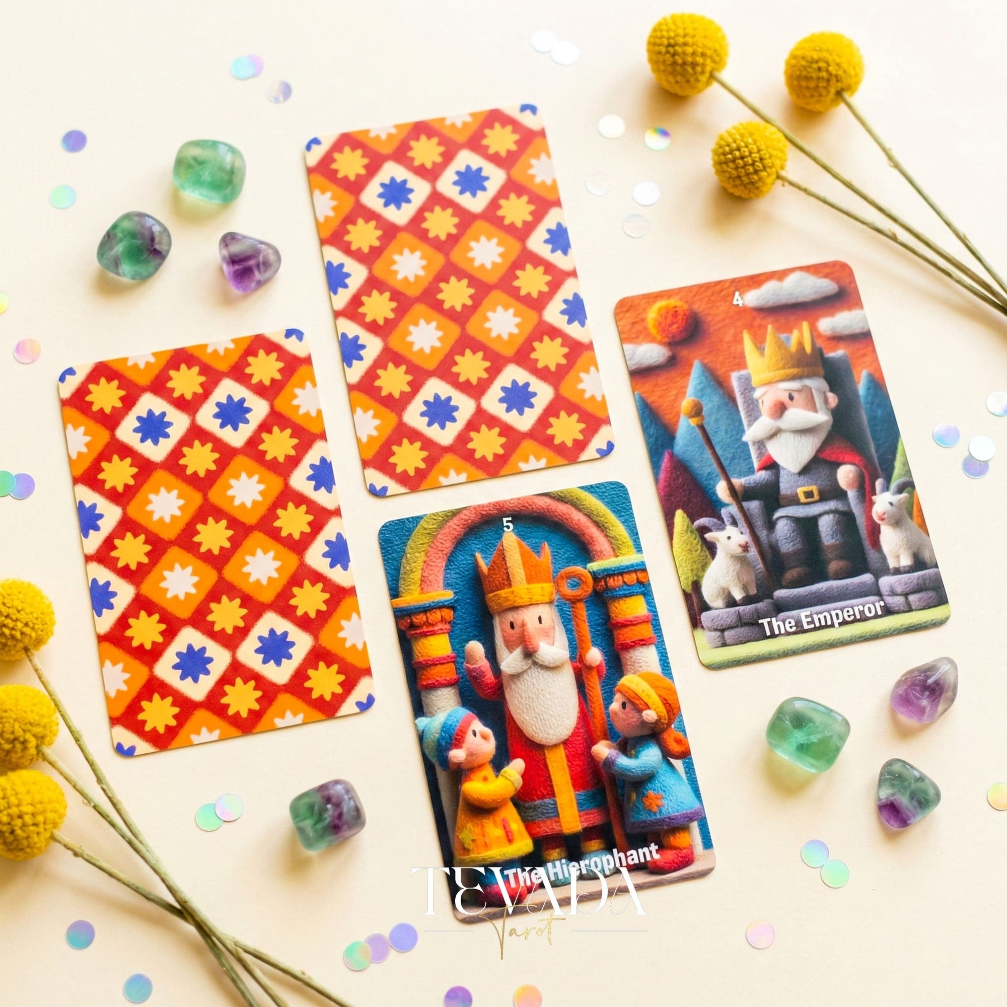 Jeu de tarot Woolly Wonder avec un livre d'histoires en feutre de laine 3D vibrant pour la guérison de l'enfant intérieur et la divination ludique.