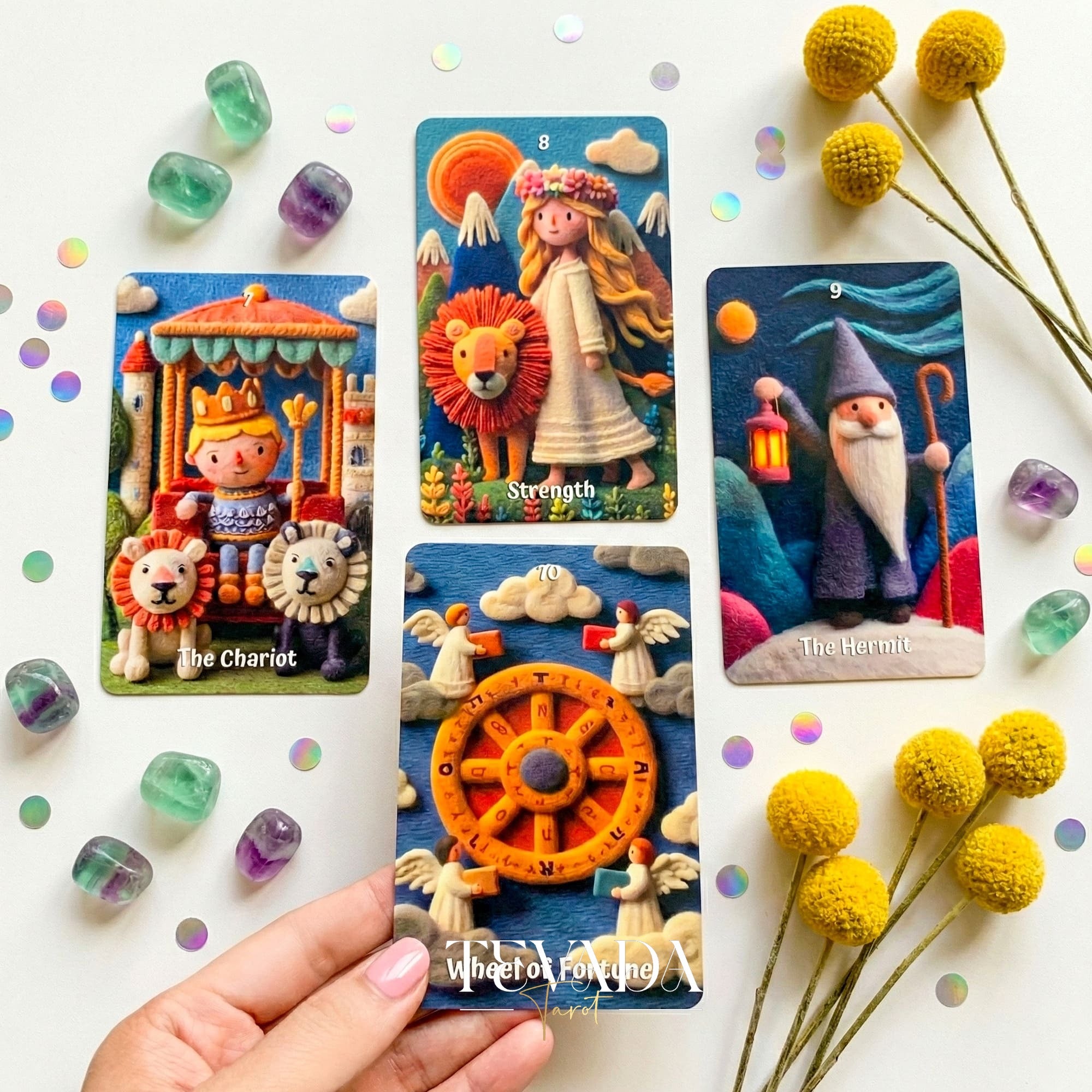 Woolly Wonder Tarot Deck featuring vibrant 3D wool-felt storybook art for inner child healing and playful divination.