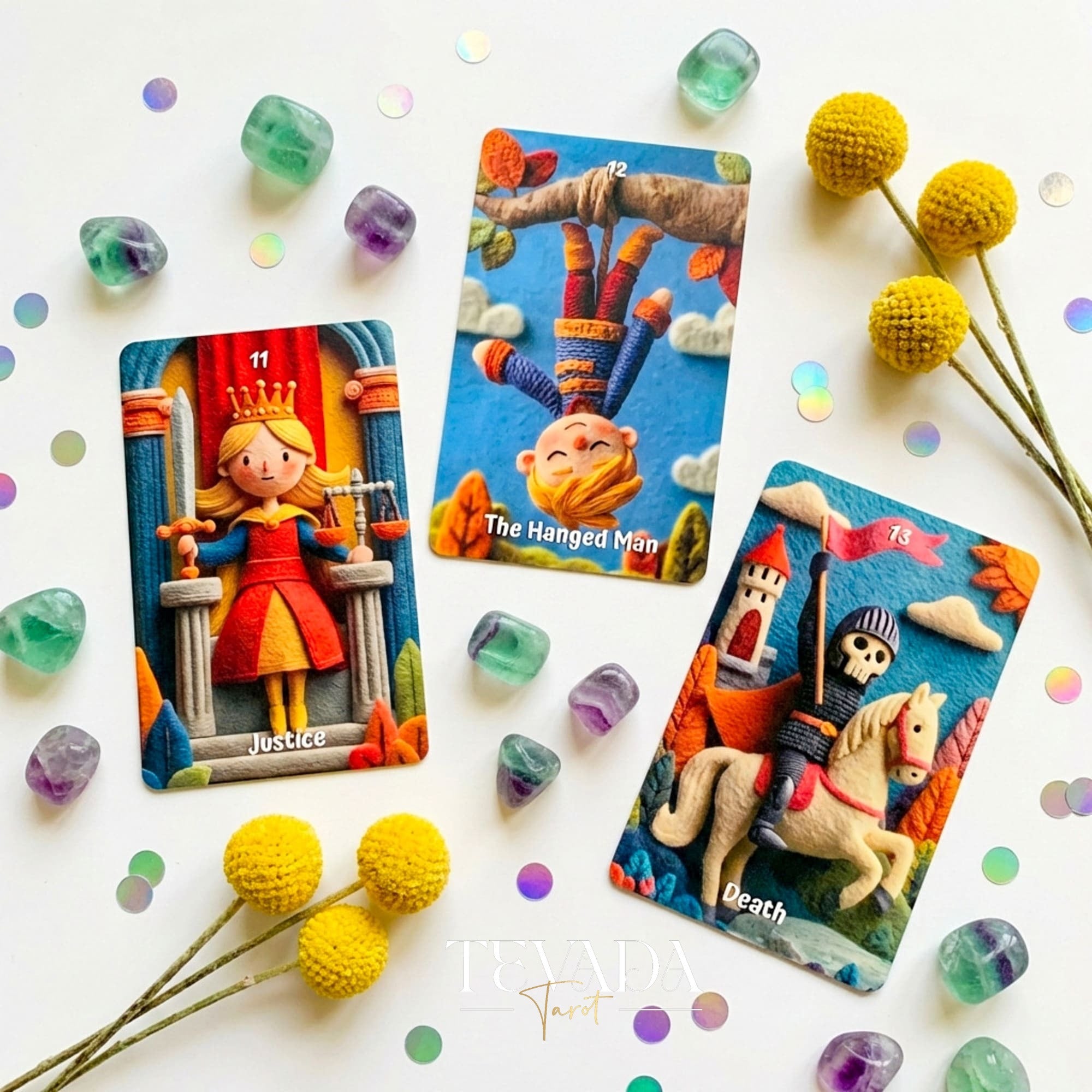 Jeu de tarot Woolly Wonder avec un livre d'histoires en feutre de laine 3D vibrant pour la guérison de l'enfant intérieur et la divination ludique.