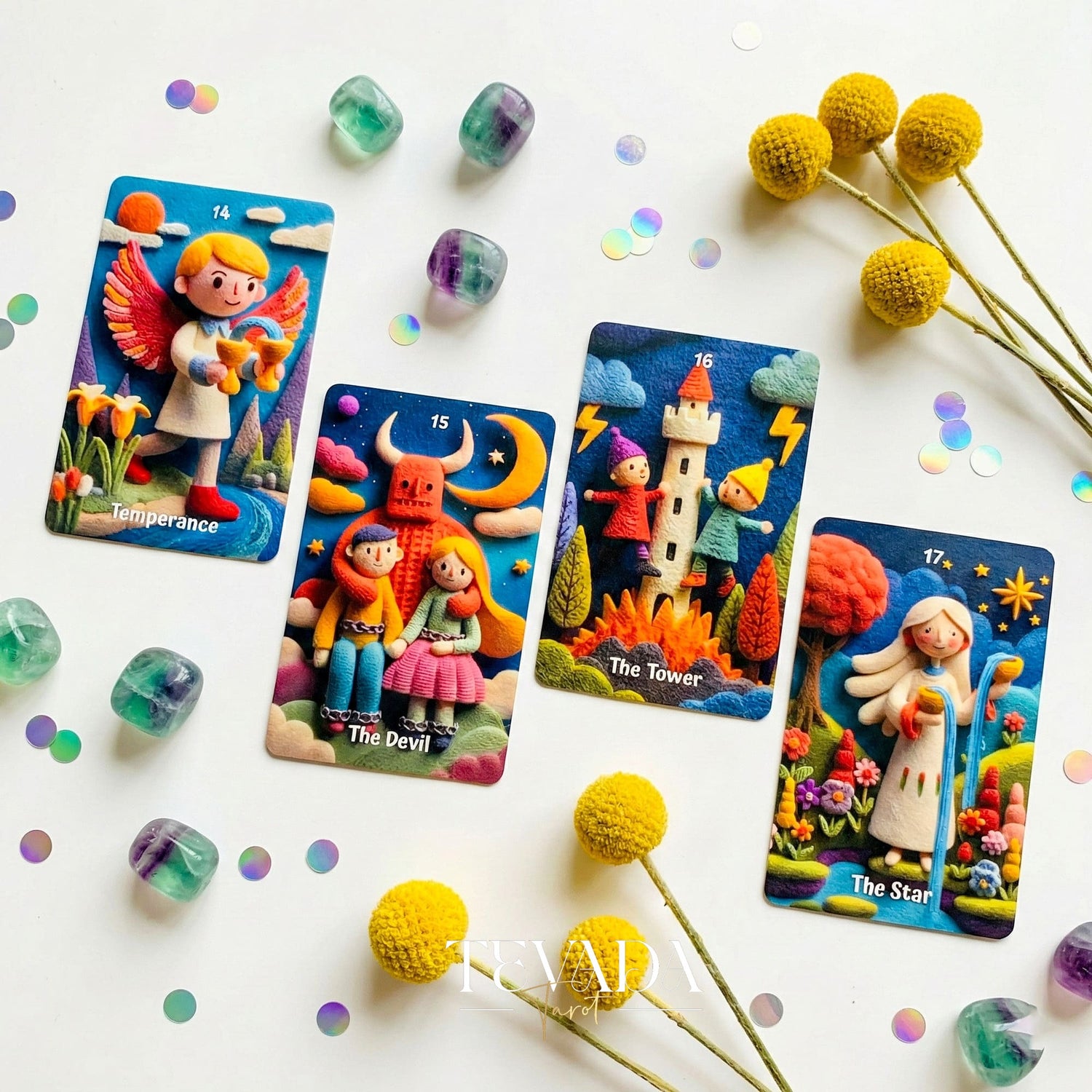 Woolly Wonder Tarot Deck featuring vibrant 3D wool-felt storybook art for inner child healing and playful divination.