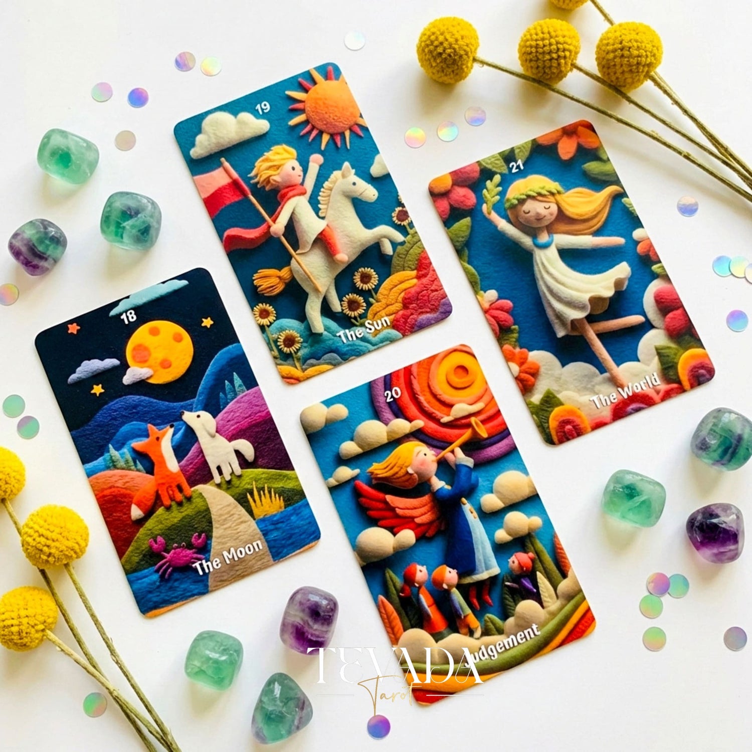 Woolly Wonder Tarot Deck featuring vibrant 3D wool-felt storybook art for inner child healing and playful divination.