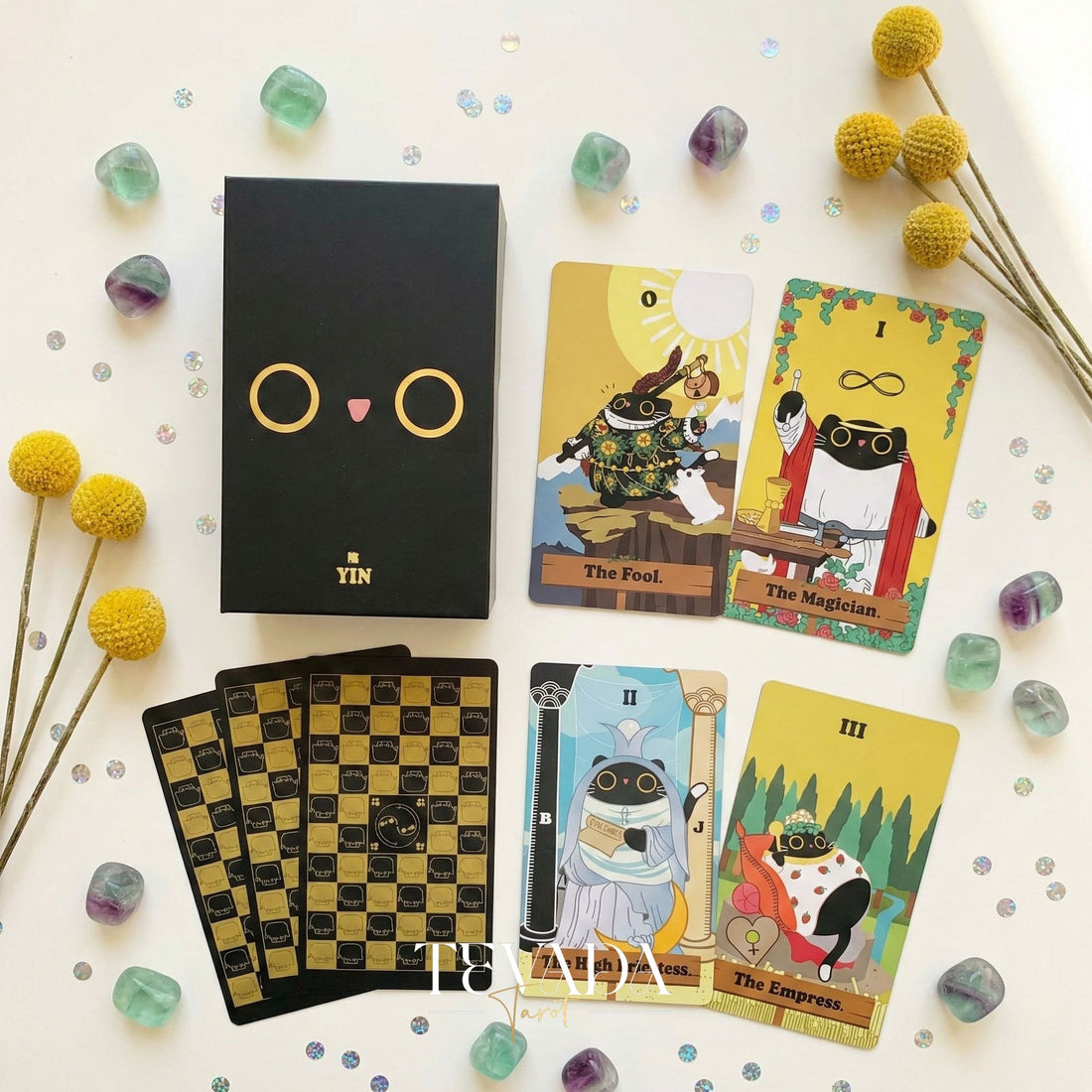 Yin Universe Tarot cute black cat Indie Tarot Deck with black holographic edges for beginner divination and daily ritual.