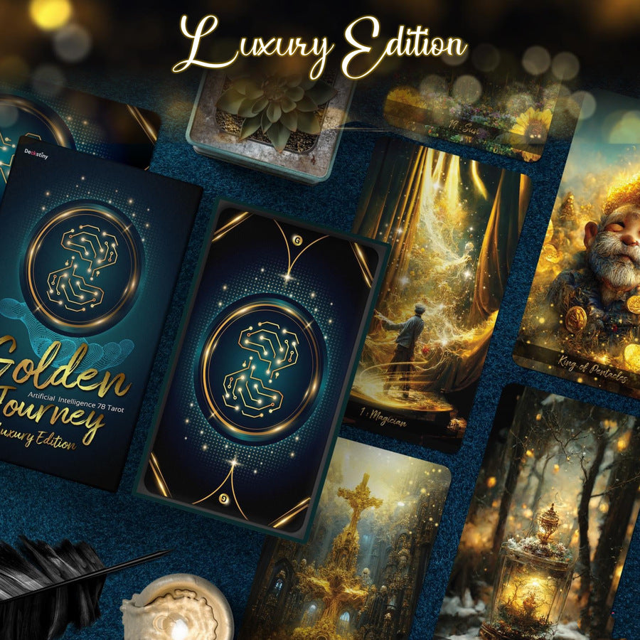 Elevate your tarot practice with the Golden Journey Tarot LUXURY Edition. Featuring AI-created art and exquisite golden finishing, this tarot deck is both beautiful and durable. Gain insights and guidance for your life with 78 uniquely designed cards.