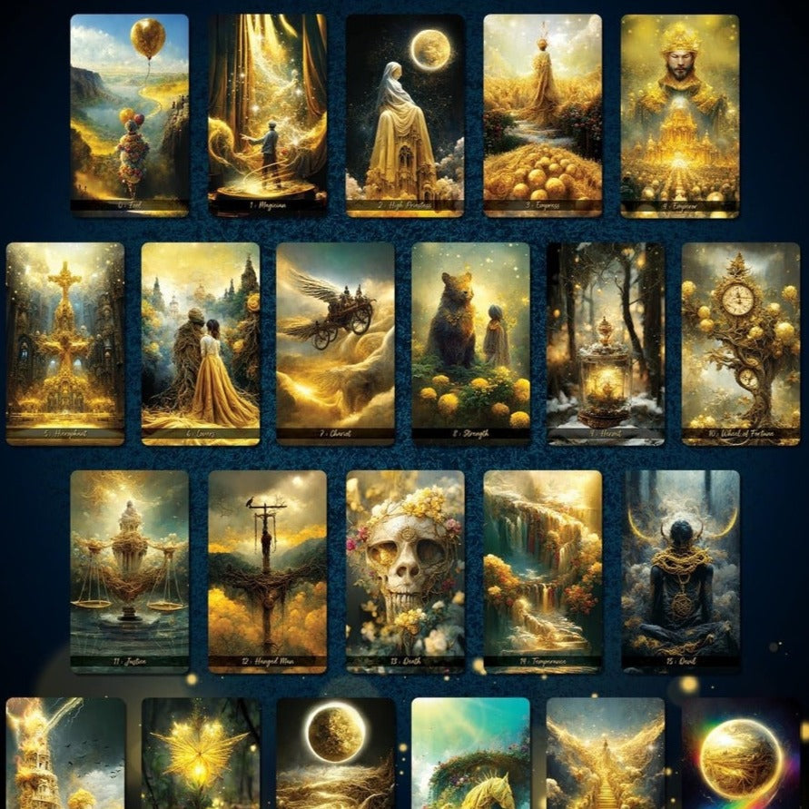 Elevate your tarot practice with the Golden Journey Tarot LUXURY Edition. Featuring AI-created art and exquisite golden finishing, this tarot deck is both beautiful and durable. Gain insights and guidance for your life with 78 uniquely designed cards.