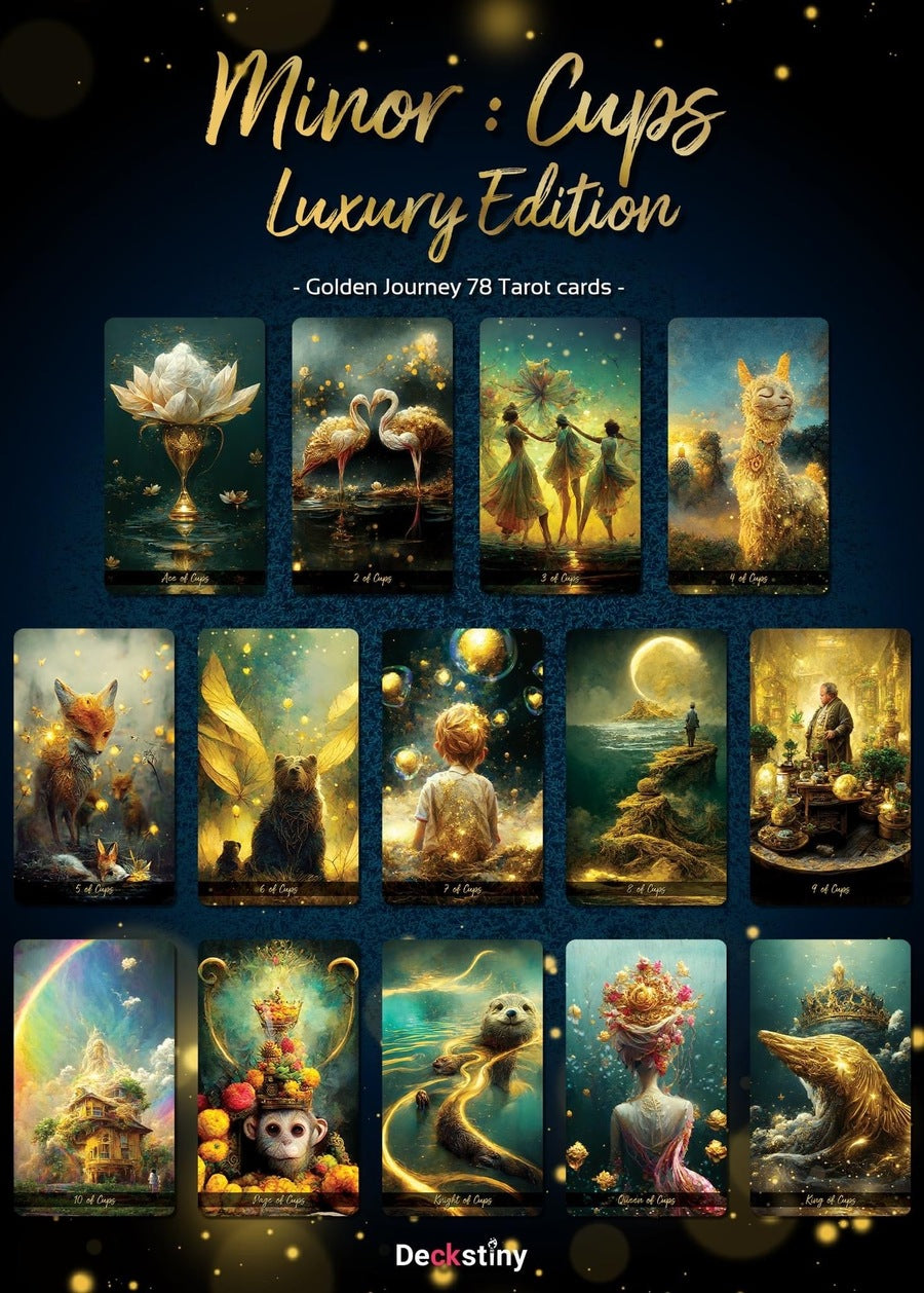 Treat yourself to the ultimate tarot experience with the Golden Journey Tarot LUXURY Edition. Marvel at the stunning AI-created art, golden edges, and stamping, and immerse yourself in a journey of self-discovery and growth. Discover the transformative power of the tarot with 78 beautifully crafted cards.