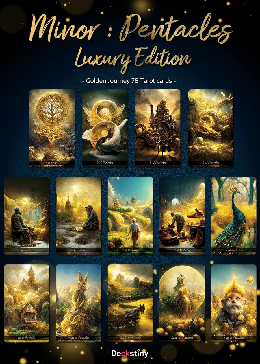 Treat yourself to the ultimate tarot experience with the Golden Journey Tarot LUXURY Edition. Marvel at the stunning AI-created art, golden edges, and stamping, and immerse yourself in a journey of self-discovery and growth. Discover the transformative power of the tarot with 78 beautifully crafted cards.