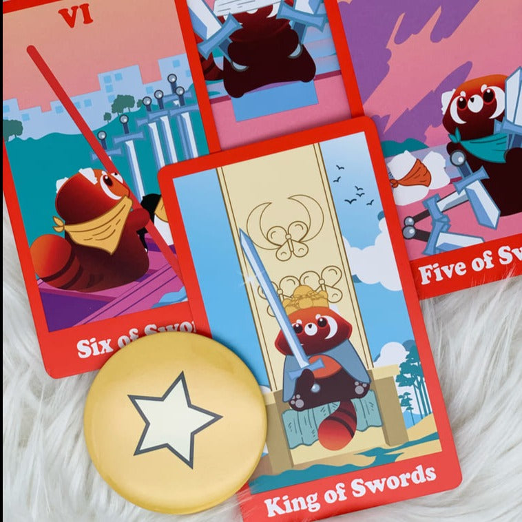 Ai the Tarot is a 78 cards tarot that featured cute red panda. You will fall in love with the eye catching red color and the beautiful design of the cards. It also comes with Metalic Red Gilded Edge